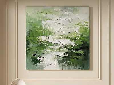 Modern Abstract Painting With Green White Black Textured Brushstrokes On Interior Wall Decor 3d model