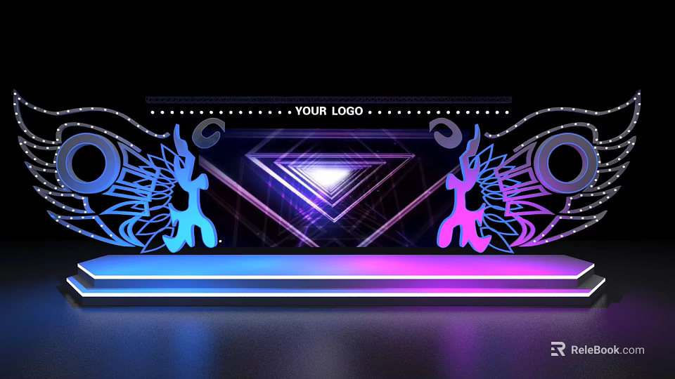 Neon Lit Ballroom Stage Design With Geometric Decor And Colorful Lighting Effects 3d model 