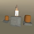 Stone Display Shelves Featuring Brown Bottle Orange Cylindrical Objects And Dry Branches On Beige Background