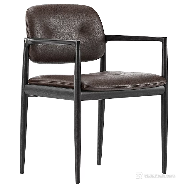 Modern Brown Leather Dining Chair With Black Frame Armrests And Tufted Backrest 3d model
