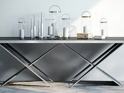 Modern Metal Console Table With Glass Candle Holders And Decorative Items In Minimalist Interior 3d model