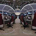 Modern Internet Cafe Interior Design With Gaming Computers Ergonomic Chairs And Stylish Lighting