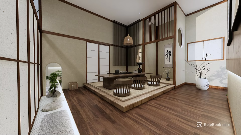 Japanese Style Teahouse With Raised Platform Wooden Flooring Decorative Painting Green Plant And White Vase 3d model 