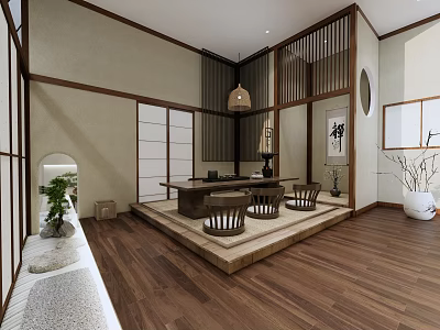 Japanese Style Teahouse With Raised Platform Wooden Flooring Decorative Painting Green Plant And White Vase 3d model