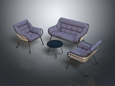 Modern Rattan Sofa And Coffee Table Set With Armchairs And Metal Frames 3d model