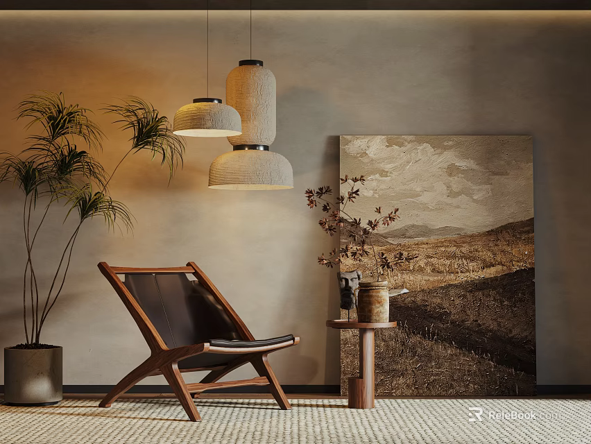 Modern Leisure Chair In Cozy Interior With Pendant Lights Potted Plant Side Table And Artwork 3d model 