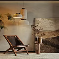 Modern Leisure Chair In Cozy Interior With Pendant Lights Potted Plant Side Table And Artwork