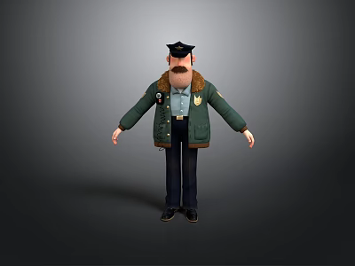 3D Game Movie Character Police Officer With Black Hat Brown Beard Green Coat 3d model
