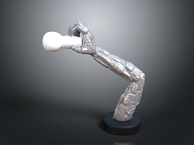 Silver Mechanical Arm Sculpture Holding White Light Bulb On Black Base 3d model