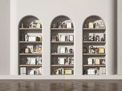 Trophies Medals And Awards Showcased On Shelves In Arch Niches 3d model