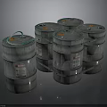 Group of Silver Metal Drums With Green Ropes And Warning Labels