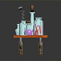 Light Blue Glass Bottles Of Various Sizes On Wooden Tray With Corkscrew