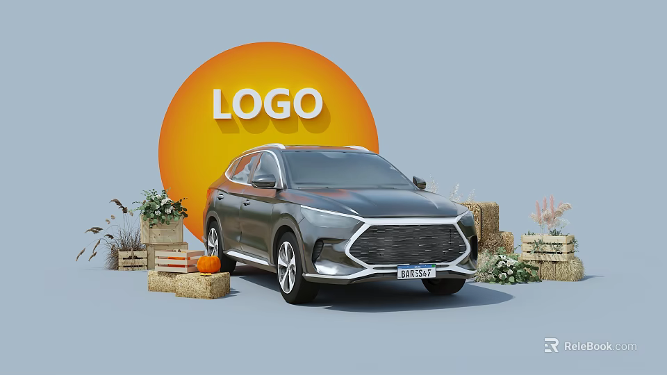 Scenic Photo Spot With Gray SUV Car Orange Logo Hay Bales And Pumpkins 3d model 