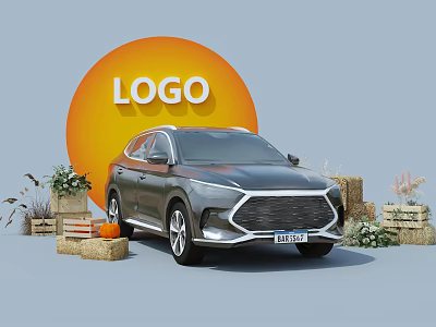 Scenic Photo Spot With Gray SUV Car Orange Logo Hay Bales And Pumpkins 3d model