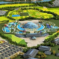 Amusement Park With Ferris Wheel Dome Structure Water Features And Green Landscapes
