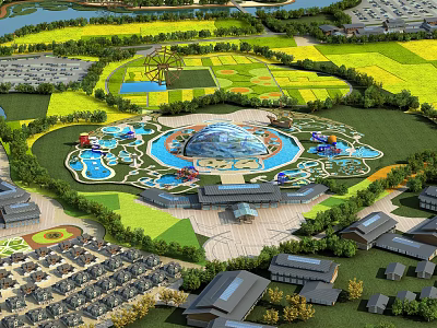 Amusement Park With Ferris Wheel Dome Structure Water Features And Green Landscapes 3d model