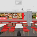 Self Service Fast Food Restaurant Red Facade With Tables Chairs And Menu Boards