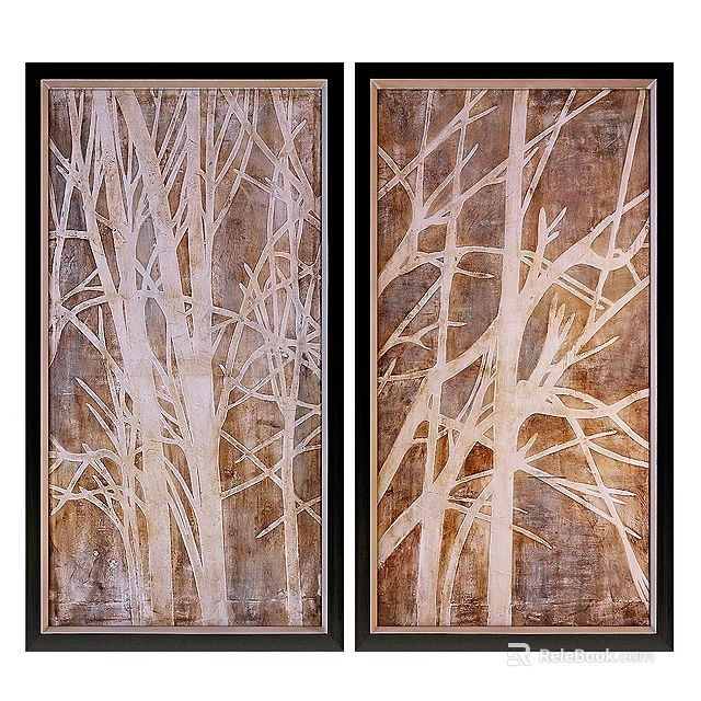 Two Panel Plant Paintings With Beige Branch Design And Brown Textured Background 3d model 