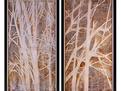 Two Panel Plant Paintings With Beige Branch Design And Brown Textured Background 3d model