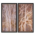 Two Panel Plant Paintings With Beige Branch Design And Brown Textured Background
