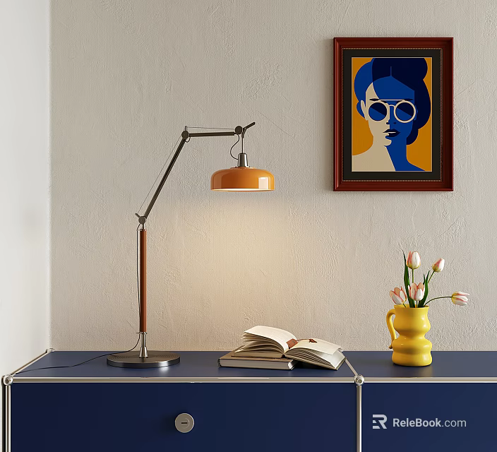 Adjustable Desk Lamp with Orange Shade on Blue Cabinet Open Book Yellow Vase Wall Painting 3d model 