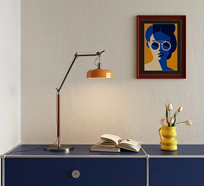 Adjustable Desk Lamp with Orange Shade on Blue Cabinet Open Book Yellow Vase Wall Painting 3d model