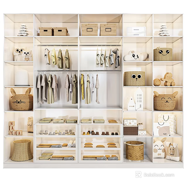 Organized Modern Wardrobe Interior Design With Hanging Clothes Storage Boxes And Woven Baskets 3d model 