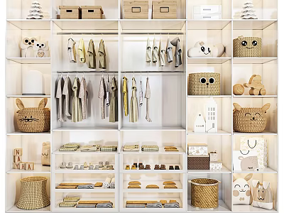 Organized Modern Wardrobe Interior Design With Hanging Clothes Storage Boxes And Woven Baskets 3d model