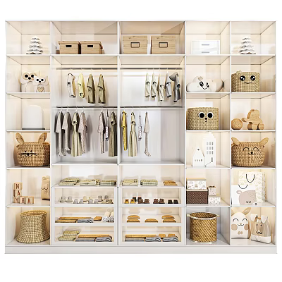 Organized Modern Wardrobe Interior Design With Hanging Clothes Storage Boxes And Woven Baskets 3d model