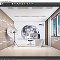 Modern Public Office Space with Large Moon Graphic White Desk Computer and Windows 3d model