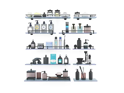 Essential Bathroom Accessories Arranged on Multiple Glass Shelves with Soap Dispensers Brushes Containers 3d model