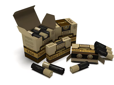 16GA Shotshell Ammunition in Open Boxes with Scattered Rounds and Packaging 3d model
