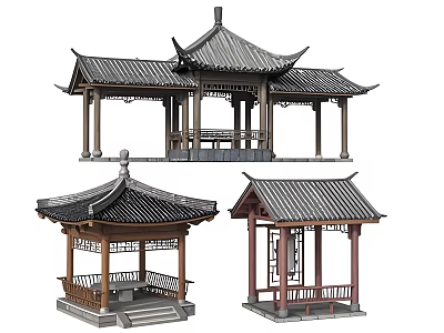 Traditional Chinese Ancient Pavilions With Classic Roof Structures And Wooden Columns 3d model