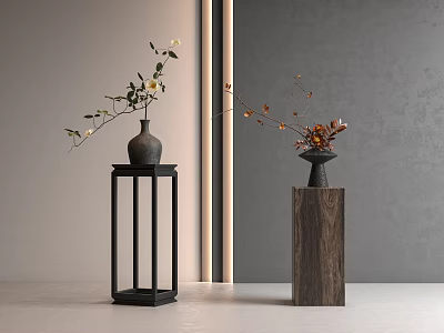 Two Vases With White Flowers And Brown Branches On Black Metal Stand And Wooden Pedestal 3d model