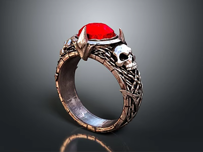 Unique Metallic Ring With Red Gemstone And Skull Design Braided Texture 3d model