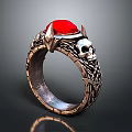 Unique Metallic Ring With Red Gemstone And Skull Design Braided Texture