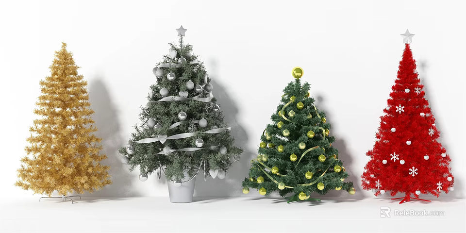 Colorful Christmas Trees Decorated With Star Baubles And Ribbons In White Background 3d model 