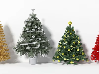 Colorful Christmas Trees Decorated With Star Baubles And Ribbons In White Background 3d model