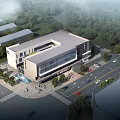 Modern Office Building Exterior With Lawn Road People Walking And Blue Sky White Clouds