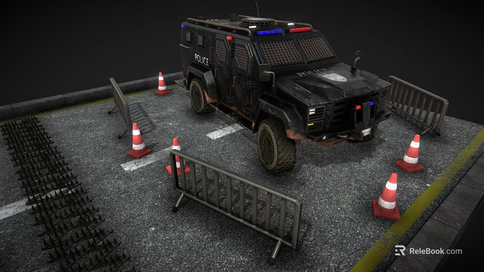 Tactical Police Armored Vehicle Parked With Traffic Cones And Barriers 3d model 