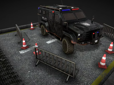 Tactical Police Armored Vehicle Parked With Traffic Cones And Barriers 3d model