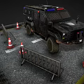 Tactical Police Armored Vehicle Parked With Traffic Cones And Barriers