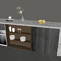 Contemporary Bar Counter With Concrete Top Wooden Stools Potted Plant And Fresh Fruits