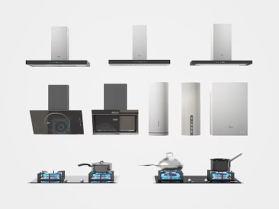 Modern Kitchen Appliances Including Range Hoods Microwave Ovens And Gas Stoves With Blue Flames 3d model