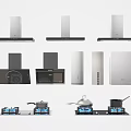 Modern Kitchen Appliances Including Range Hoods Microwave Ovens And Gas Stoves With Blue Flames
