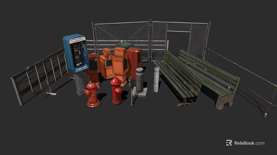 Public Street Facilities Featuring Blue Phone Booth Red Fire Hydrants Green Bench And Metal Fence 3d model 