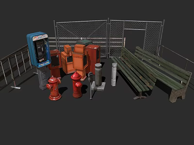 Public Street Facilities Featuring Blue Phone Booth Red Fire Hydrants Green Bench And Metal Fence 3d model