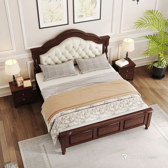 Classic Solid Wood Double Bed With Tufted Upholstered Headboard For Cozy Elegant Bedroom Space 3d model 