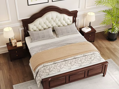 Classic Solid Wood Double Bed With Tufted Upholstered Headboard For Cozy Elegant Bedroom Space 3d model