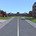 School Building Complex With Red Brick Clock Tower Green Lawn And Scenic Pathway 3d model